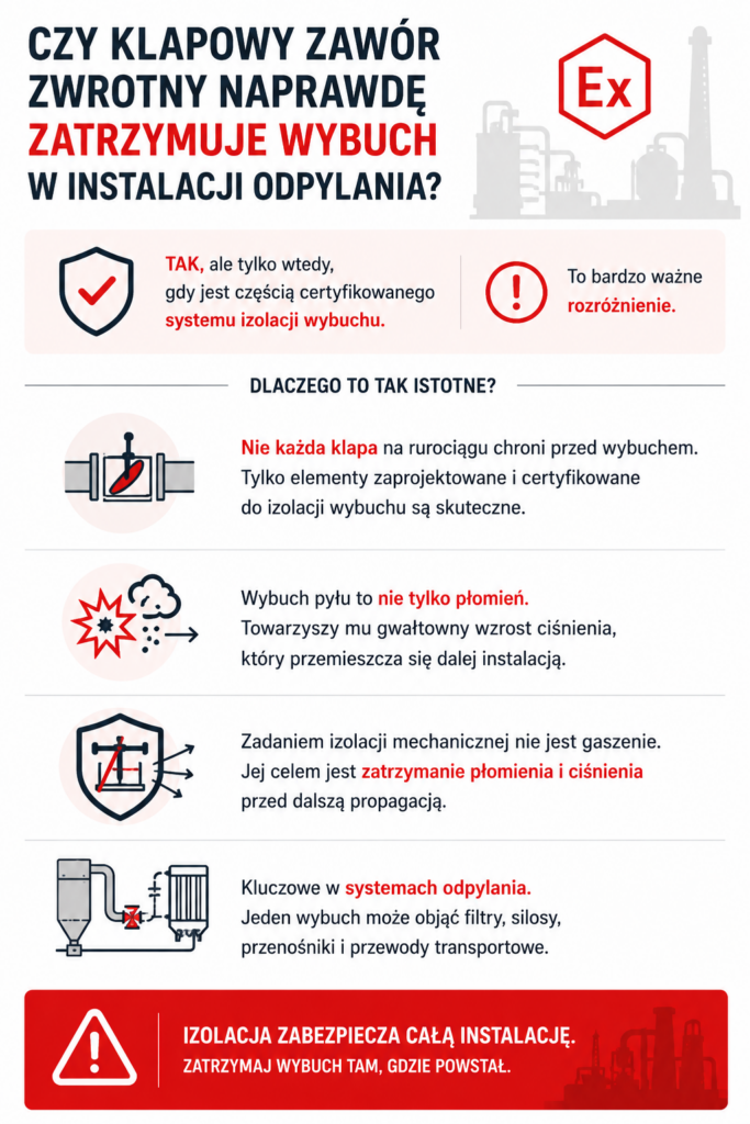 Czy klapowy zawór zwrotny zatrzymuje wybuch w instalacji odpylania?